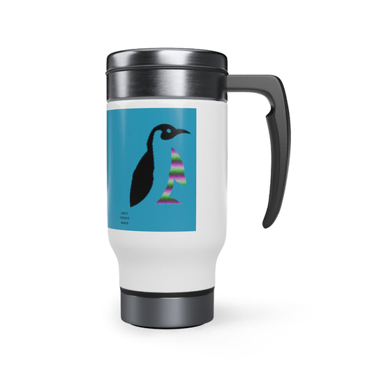 Stainless Steel Travel Mug with Handle, 14oz: Crazy Penguin World Logo Turquoise