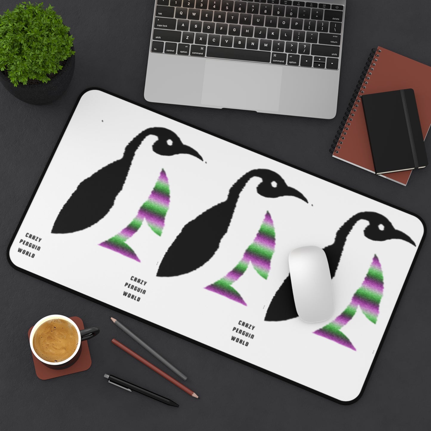 Desk Mat: Crazy Penguin World Logo White