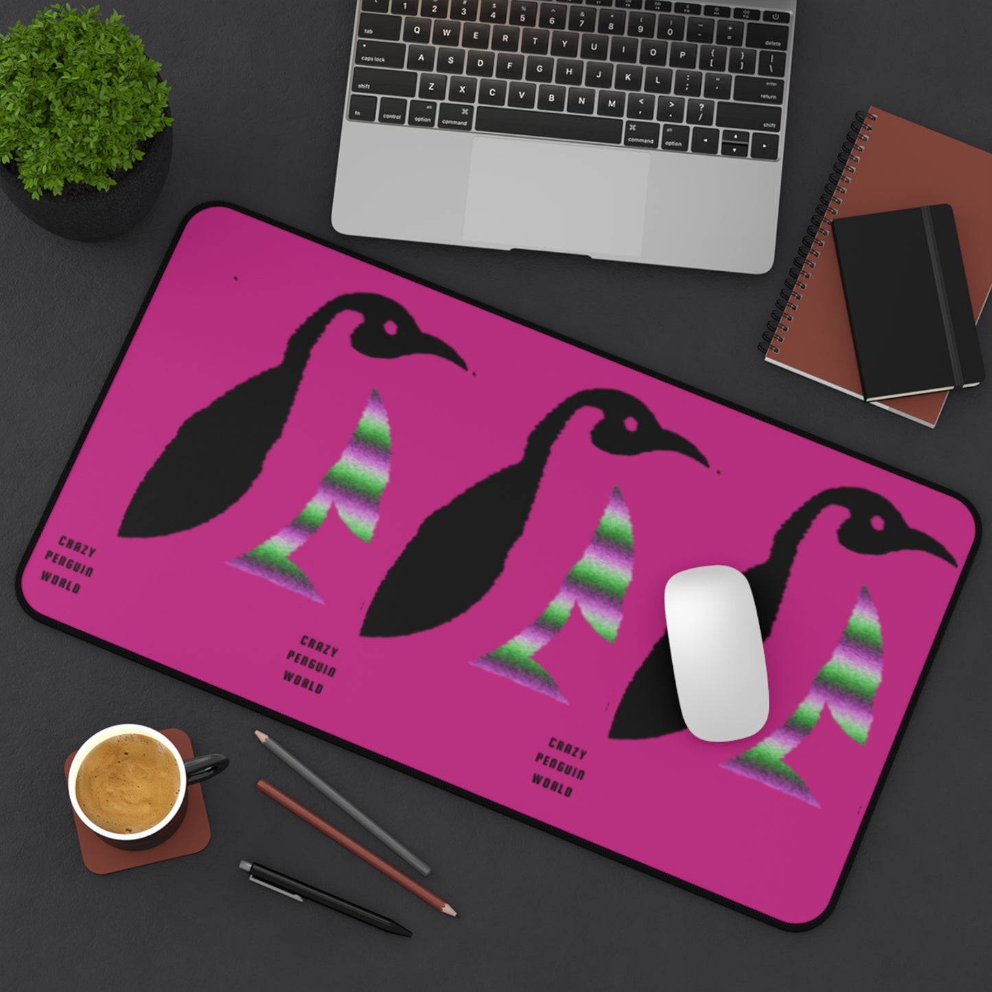 Desk Mat: Crazy Penguin World Logo Pink