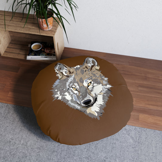 Tufted Floor Pillow, Round: Wolves Brown